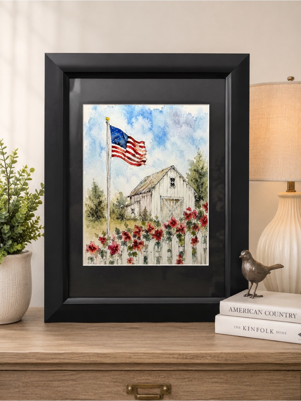 Framed Patriotic/Americana/4the of July Barn Watercolor Art - Red, White, Blue